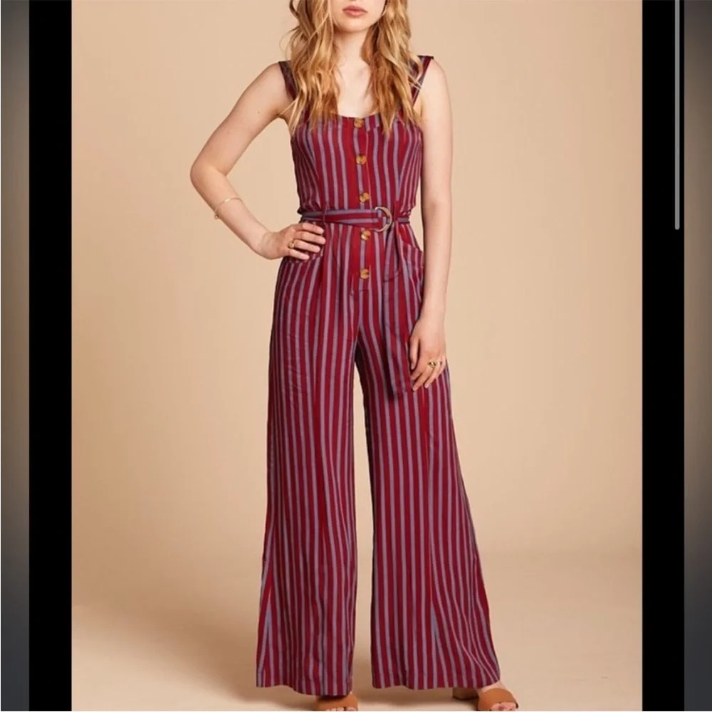 Free People City Girl Striped Jumpsuit NEW wide leg sleeveless pockets Burgandy